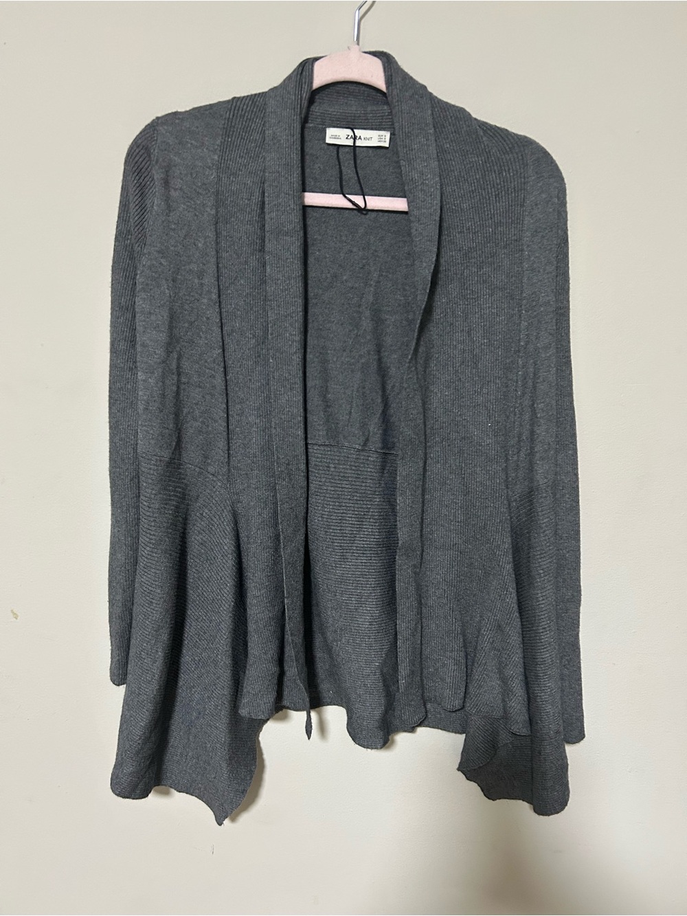 Zara Knit Gray Open Front Asymmetrical Ruffle Cardigan Sweater - Size S 0382